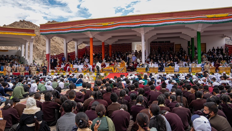 A view of the gathering of students and dignitaries at Sindhu Ghat to attend the presentation of the Ladakh dPal rNgam Dusdon Award 2022 to His Holiness the Dalai Lama in Leh, Ladakh, UT, India on August 5, 2022. Photo by Tenzin Choejor