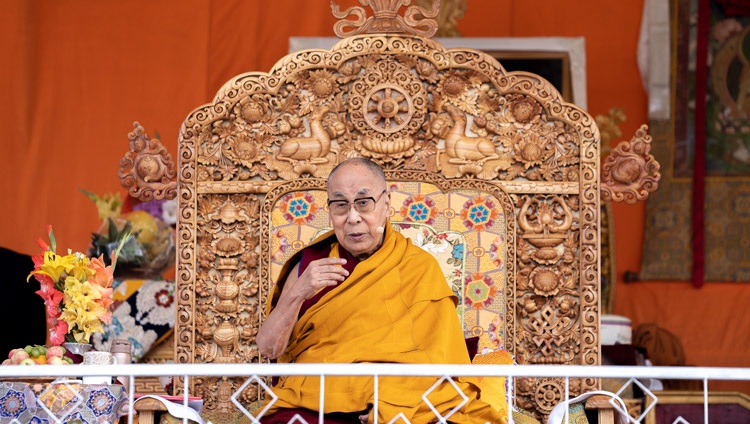 His Holiness the Dalai Lama addressing members of the Tibetan community gathered at Tibetan Children’s Village School (TCV) Choglamsar in Leh, Ladakh, UT, India on August 7, 2022. Photo by Tenzin Choejor