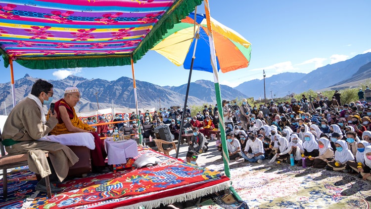 His Holiness the Dalai Lama addressing members of the Muslim community at the Eid Gah in Padum, Zanskar, Ladakh, UT, India on August 13, 2022. Photo by Tenzin Choejor