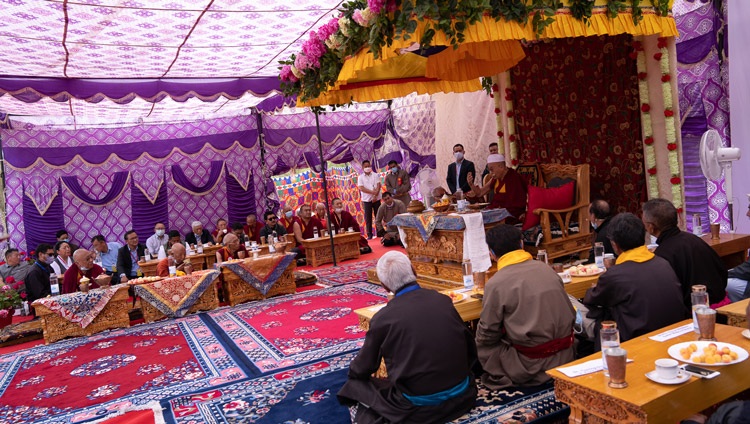 His Holiness the Dalai Lama speaking to members of the Muslim community at Shah-e-Hamdan, Masjid Sharif in Shey, Leh, Ladakh, UT, India on August 16, 2022. Photo by Tenzin Choejor