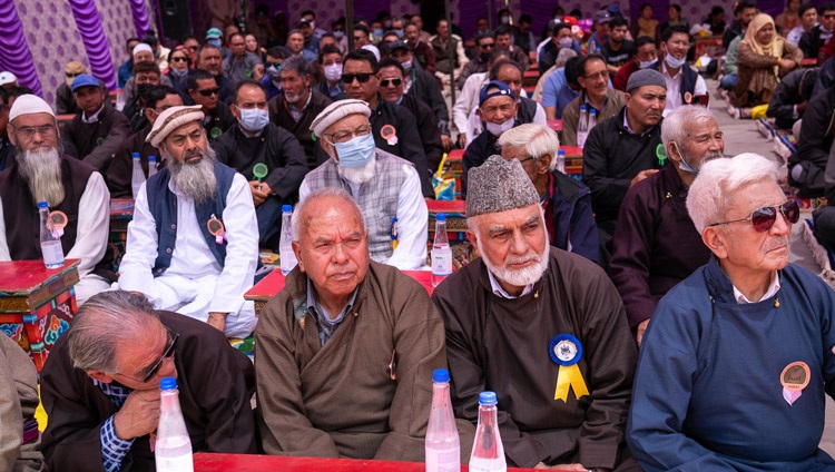 Members of the Muslim community listening to His Holiness the Dalai Lama speaking at Shah-e-Hamdan, Masjid Sharif in Shey, Leh, Ladakh, UT, India on August 16, 2022. Photo by Tenzin Choejor