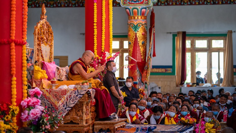 His Holiness the Dalai Lama speaking at Thupstanling Gonpa in Diskit Tsal, Leh, Ladakh, UT, India on August 23, 2022. Photo by Tenzin Choejor