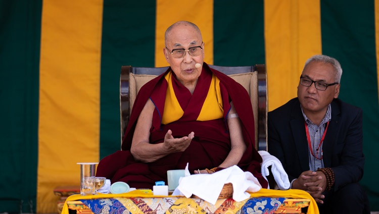 His Holiness the Dalai Lama addressing the audience at Sindhu Ghat in Leh, Ladakh, UT, India on August 23, 2022. Photo by Tenzin Choejor