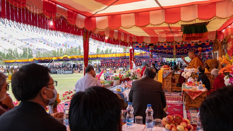 His Holiness the Dalai Lama addressing the gathering organized by the Ladakh Buddhist Association and Ladakh Gonpa Association at Abi Pang Spituk in Leh, Ladakh, UT, India on August 25, 2022. Photo by Tenzin Choejor