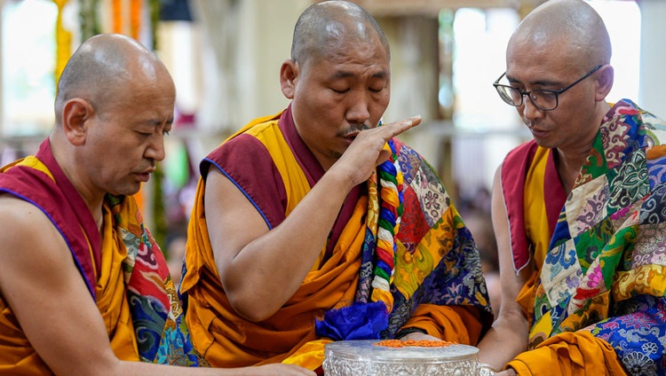 The Chant Master reciting a mandala offering during the Long Life Prayer for His Holiness the Dalai Lama at the Main Tibetan Temple in Dharamsala, HP, India on September 7, 2022. Photo by Ven Tenzin Jamphel