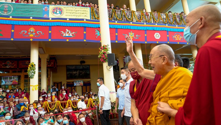 His Holiness the Dalai Lama waving to the crowd as he departs for his residence at the conclusion of the Long Life Prayer at the Main Tibetan Temple in Dharamsala, HP, India on September 7, 2022. Photo by Ven Tenzin Jamphel