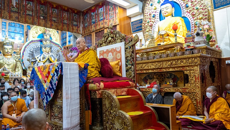 His Holiness the Dalai Lama addressing the congregation at the Main Tibetan Temple in Dharamsala, HP, India on September 15, 2022. Photo by Tenzin Choejor