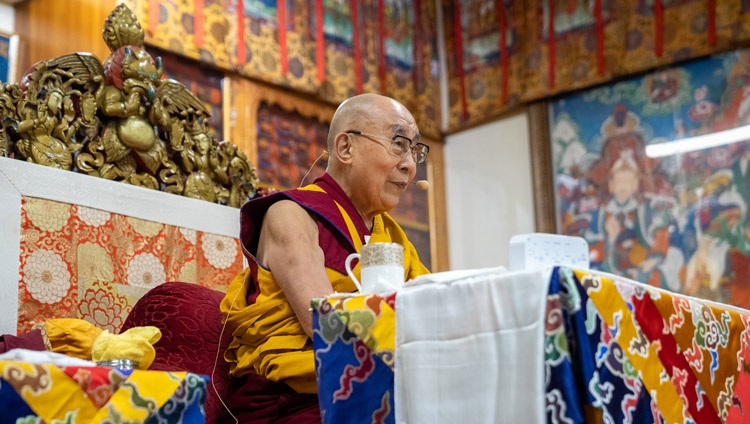  His Holiness the Dalai Lama speaking on the first day of his teaching on Chandrakirti's "Entering into the Middle Way" at the Main Tibetan Temple in Dharamsala, HP, India on September 15, 2022. Photo by Tenzin Choejor