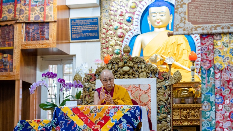 His Holiness the Dalai Lama answering a question from a member fo the audience on the second day of his teachings at the Main Tibetan Temple Dharamsala, HP, India on September 16, 2022. Photo by Tenzin Choejor