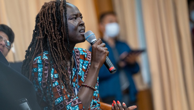 Gloria from South Sudan delivering her presentation on the second day of the dialogue with His Holiness the Dalai Lama and United States Insitute of Peace (USIP) youth leaders in Dharamsala, HP, India on September 23, 2022. Photo by Tenzin Choejor