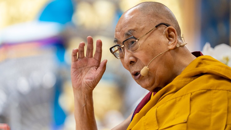 His Holiness the Dalai Lama addressing the congregation on the second day of teachings at the Main Tibetan Temple in Dharamsala, HP, India on October 4, 2022. Photo by Tenzin Choejor