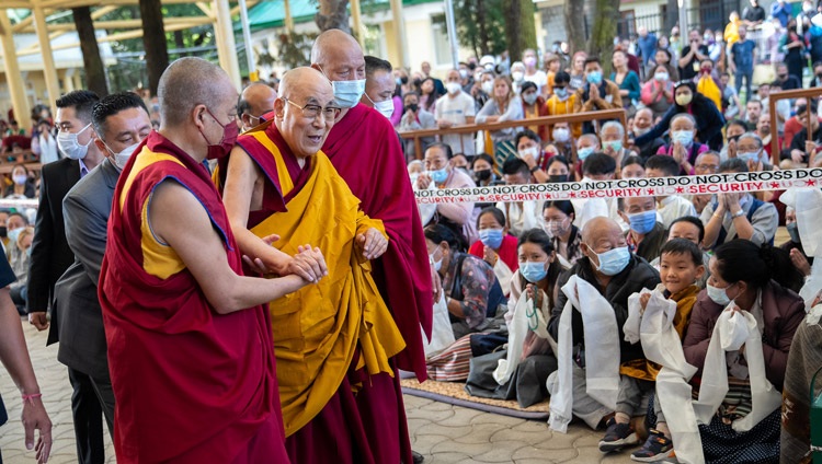 His Holiness the Dalai Lama walking to the Main Tibetan Temple on the second day of teachings in Dharamsala, HP, India on October 4, 2022. Photo by Tenzin Choejor