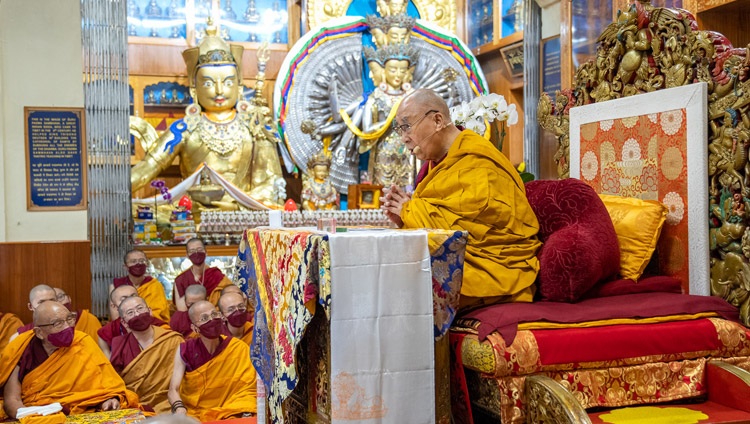 His Holiness the Dalai Lama speaking about the conditions in Tibet on the second day of teachings at the Main Tibetan Temple in Dharamsala, HP, India on October 4, 2022. Photo by Tenzin Choejor