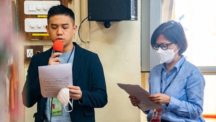 Members of the organizing committee reading questions submitted by members of the audience on the third day of His Holiness the Dalai Lama's teachings requested by Taiwanese Buddhists at the Main Tibetan Temple in Dharamsala, HP, India on October 5, 2022. Photo by Tenzin Choejor