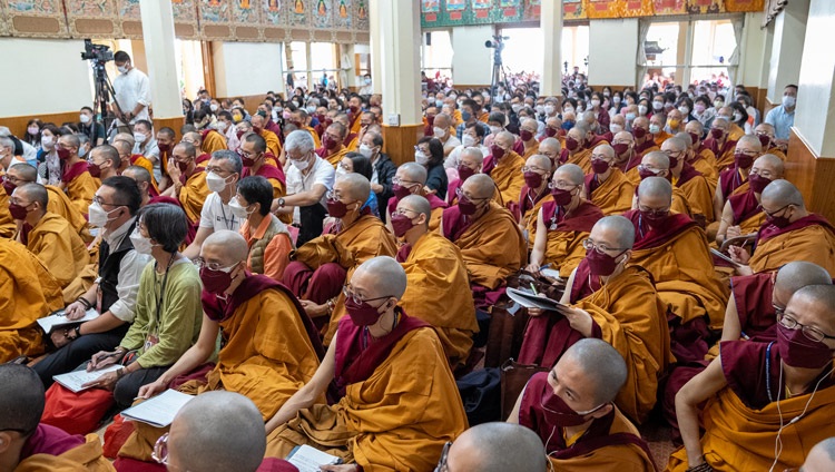 Members of the audience from Taiwan listening to His Holiness the Dalai Lama answering their questions on the third day of teachings at the Main Tibetan Temple in Dharamsala, HP, India on October 5, 2022. Photo by Tenzin Choejor