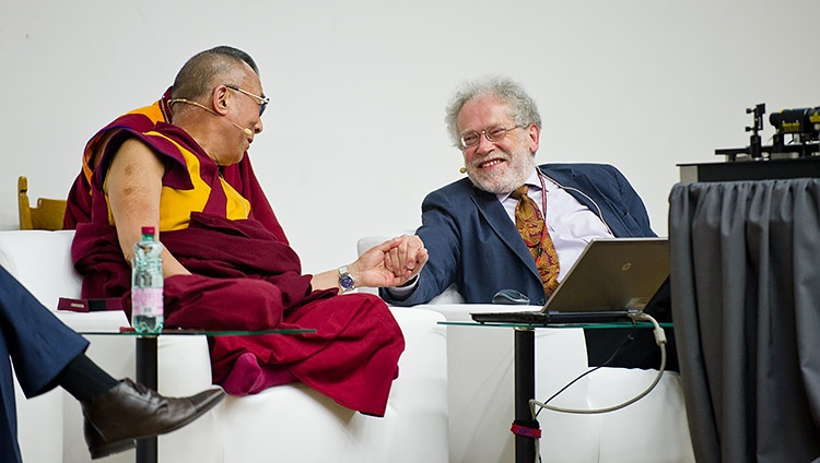 His Holiness the Dalai Lama and Anton Zeilinger together at a conference in Vienna, Austria May 26, 2012. Photo by Tenzin Choejor