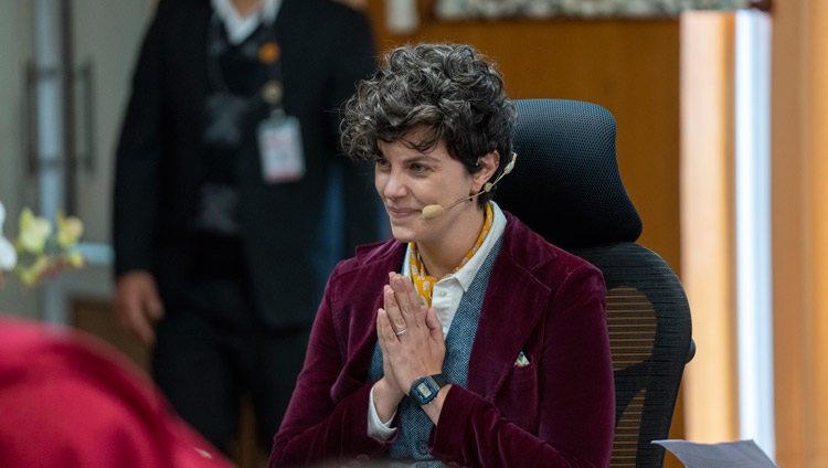 Molly Crocket delivering her presentation on the first day of the Meeting with Mind & Life at His Holiness the Dalai Lama's residence in Dharamsala, HP, India on October 12, 2022. Photo by Tenzin Choejor