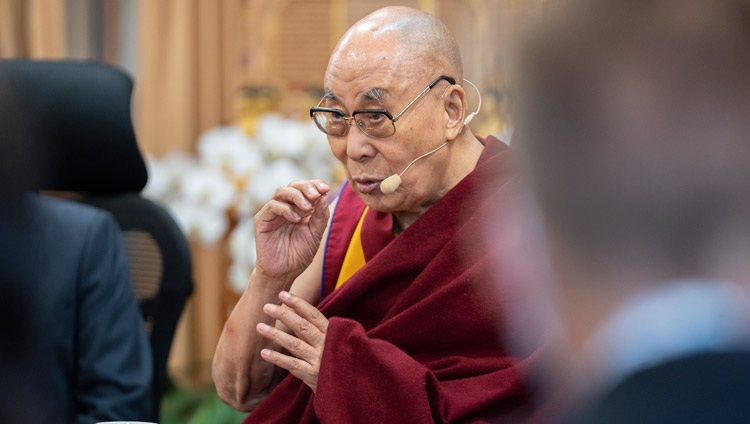 His Holiness the Dalai Lama addressing the gathering on the first day of the Meeting with Mind & Life at his residence in Dharamsala, HP, India on October 12, 2022. Photo by Tenzin Choejor