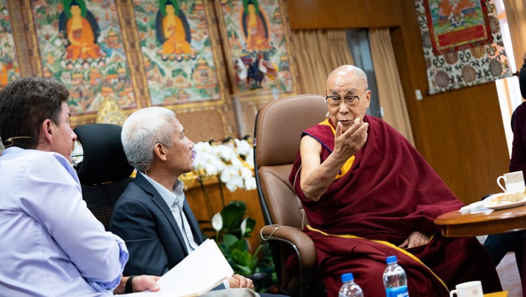 His Holiness the Dalai Lama responding to questions from the presenters on the first day of the Meeting with Mind & Life at his residence in Dharamsala, HP, India on October 12, 2022. Photo by Tenzin Choejor