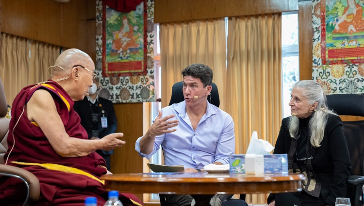Moderator Roshi Joan Halifax looks on as the first presenter, Joseph Henrich, an anthropologist from Harvard delivers his presentation on the first day of the Meeting with Mind & Life at His Holiness the Dalai Lama's residence in Dharamsala, HP, India on October 12, 2022. Photo by Tenzin Choejor