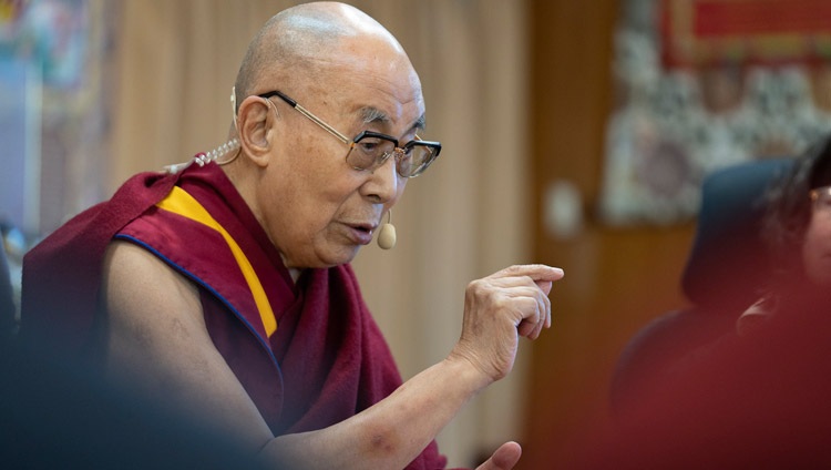 His Holiness the Dalai Lama gestures as he makes a point during his opening address on the second day of the Mind & Life Conversation on Interdependence, Ethics and Social Networks at his residence in Dharamsala, HP, India on October 13, 2022. Photo by Tenzin Choejo