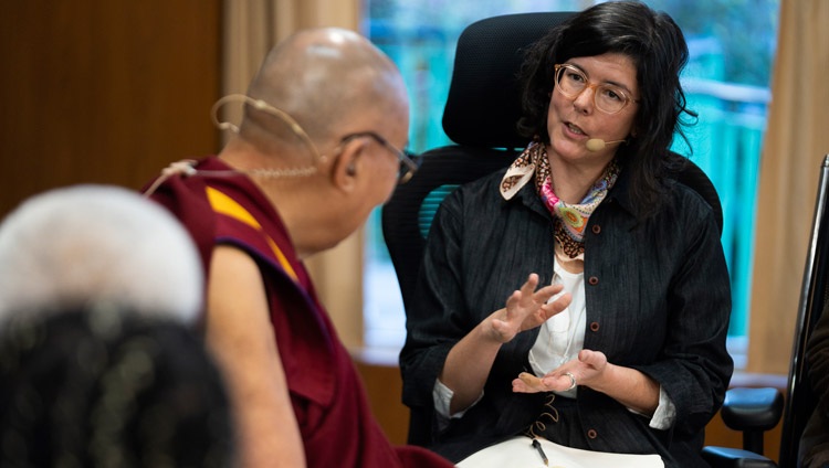 Hanne De Jaegher, a philosopher and cognitive scientist, delivering her presentation on the second day of the Mind & Life Conversation on Interdependence, Ethics and Social Networks at His Holiness the Dalai Lama's residence in Dharamsala, HP, India on October 13, 2022. Photo by Tenzin Choejor