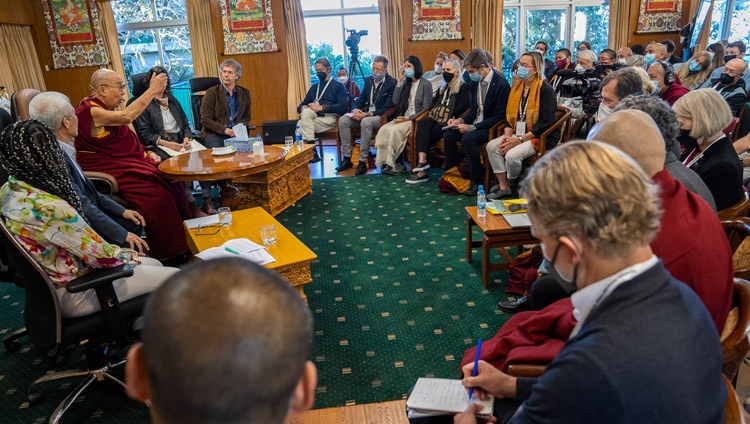 His Holiness the Dalai Lama speaking on the second day of the Mind & Life Conversation on Interdependence, Ethics and Social Networks at his residence in Dharamsala, HP, India on October 13, 2022. Photo by Tenzin Choejor
