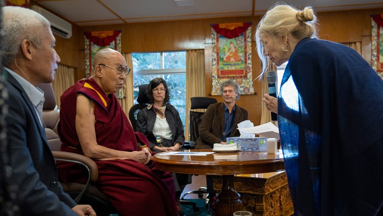 Amy Cohen Varela, Board Chair of Mind & Life Europe introducing the days program on the second day of the Mind & Life Conversation on Interdependence, Ethics and Social Networks at His Holiness the Dalai Lama's residence in Dharamsala, HP, India on October 13, 2022. Photo by Tenzin Choejor