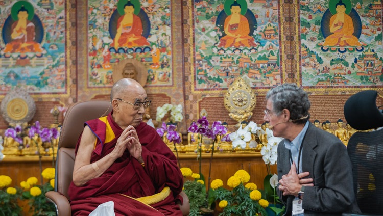 Professor of Psychology and Psychiatry Richard Davidson introducing the group of compassionate leaders to His Holiness the Dalai Lama on the first day of the Compassionate Leadership Summit in Dharamsala, HP, India on October 18, 2022. Photo by Tenzin Choejor