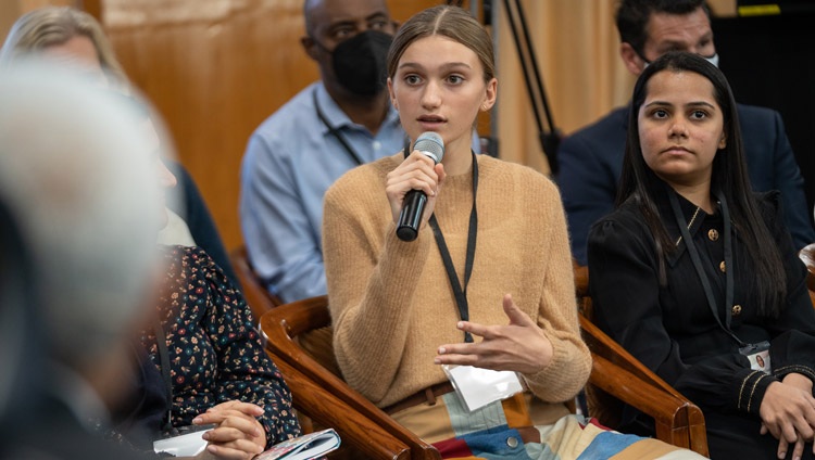 Emma from the USA sharing her experiences on the first day of the Compassionate Leadership Summit at His Holiness the Dalai Lama's residence in Dharamsala, HP, India on October 18, 2022. Photo by Tenzin Choejor