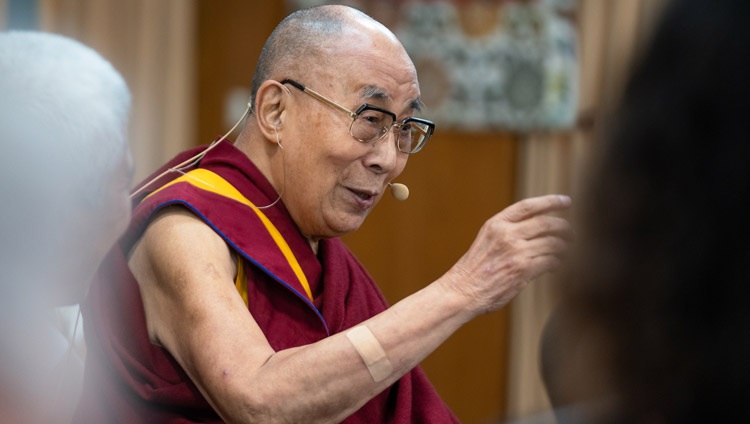 His Holiness the Dalai Lama commenting on the presentations during the first day of the Compassionate Leadership Summit at his residence in Dharamsala, HP, India on October 18, 2022. Photo by Tenzin Choejor