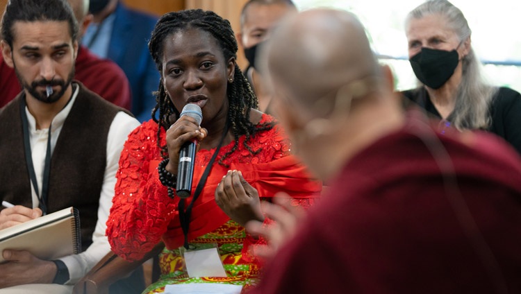 Grace from Ghana speaking on the first day of the Compassionate Leadership Summit at His Holiness the Dalai Lama's residence in Dharamsala, HP, India on October 18, 2022. Photo by Tenzin Choejor