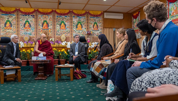 Shabana from Afghanistan sharing her story with His Holiness the Dalai Lama on the first day of the Compassionate Leadership Summit at his residence in Dharamsala, HP, India on October 18, 2022. Photo by Tenzin Choejor