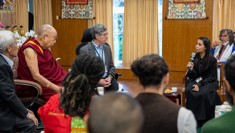 Shwetal from Mumbai sharing her story with His Holiness the Dalai Lama on the first day of the Compassionate Leadership Summit at his residence in Dharamsala, HP, India on October 18, 2022. Photo by Tenzin Choejor