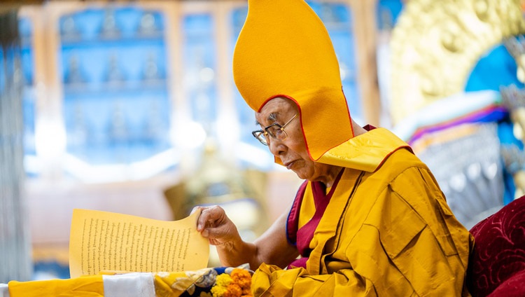 His Holiness the Dalai Lama following the text of the tribute and request read by Ling Rinpoché during the Long Life Prayer at the Main Tibetan Temple in Dharamsala, HP, India on October 26, 2022. Photo by Tenzin Choejor