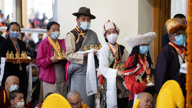 Members from the TCV Global Family and the North American Tibetan Association carrying offerings for His Holiness the Dalai Lama during the Long Life Prayer at the Main Tibetan Temple in Dharamsala, HP, India on October 26, 2022. Photo by Tenzin Choejor