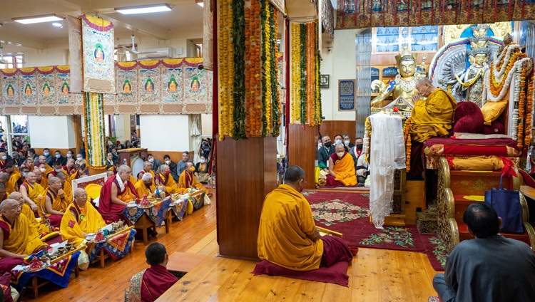 His Holiness the Dalai Lama addressing the congregation during the Long Life Prayer at the Main Tibetan Temple in Dharamsala, HP, India on October 26, 2022. Photo by Tenzin Choejor