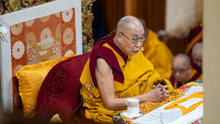 His Holiness the Dalai Lama speaking on the first day of teachings at the Main Tibetan Temple in Dharamsala, HP, India on November 25, 2022. Photo by Tenzin Choejor