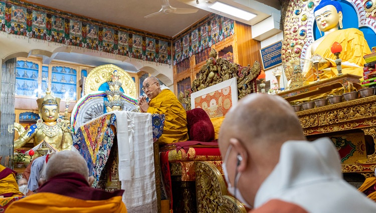 His Holiness the Dalai Lama addressing the congregation on the first day of teachings at the Main Tibetan Temple in Dharamsala, HP, India on November 25, 2022. Photo by Tenzin Choejor