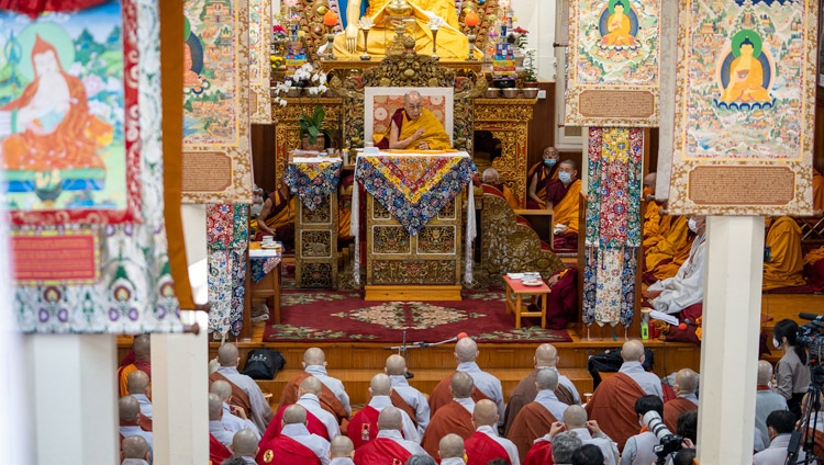 His Holiness the Dalai Lama addressing the Korean monks, nuns and lay-people sitting inside the Main Tibetan Temple on the second day of teachings in Dharamsala, HP, India on November 26, 2022. Photo by Tenzin Choejor