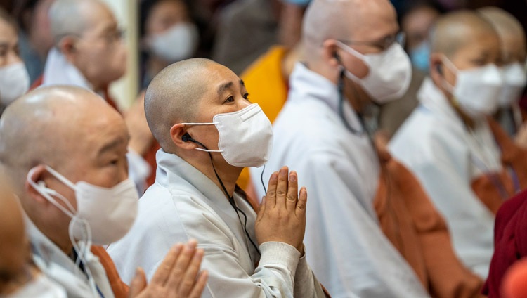 Some of the Korean monastics attending the second day of His Holiness the Dalai Lama's teachings requested by a group from Korea at the Main Tibetan Temple in Dharamsala, HP, India on November 26, 2022. Photo by Tenzin Choejor