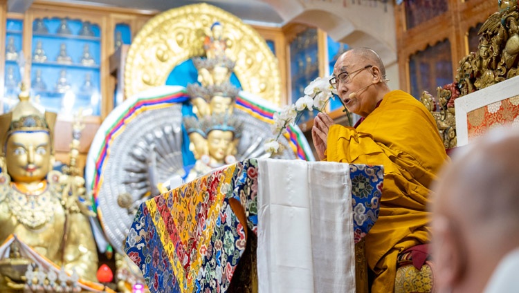 His Holiness the Dalai Lama addressing the congregation on the second day of teachings at the Main Tibetan Temple in Dharamsala, HP, India on November 26, 2022. Photo by Tenzin Choejor