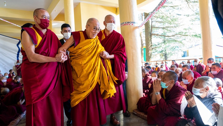His Holiness the Dalai Lama greeting members of the crowd as he departs at the conclusion of the second day of teachings at the Main Tibetan Temple in Dharamsala, HP, India on November 26, 2022. Photo by Tenzin Choejor