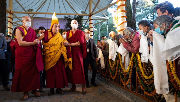 His Holiness the Dalai Lama walking to the Main Tibetan Temple in Dharamsala, HP, India to attend a Long Life Offering Ceremony on November 30, 2022. Photo by Tenzin Choejor