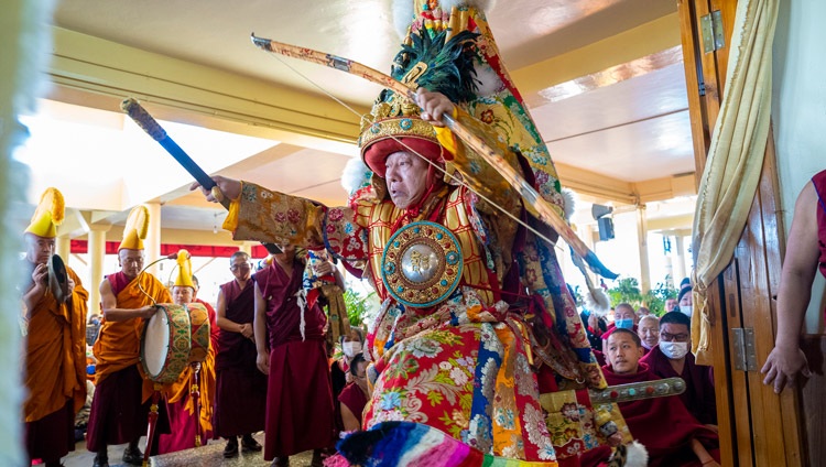 The Nechung Oracle in trance entering the Main Tibetan Temple during the Long Life Offering ceremony in Dharamsala, HP, India on November 30, 2022. Photo by Tenzin Choejor