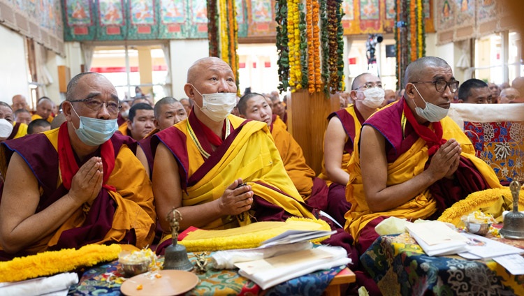 Members of the audience inside the Main Tibetan Temple listening to His Holiness the Dalai Lama during the Long Life Offering ceremony in Dharamsala, HP, India on November 30, 2022. Photo by Tenzin Choejor