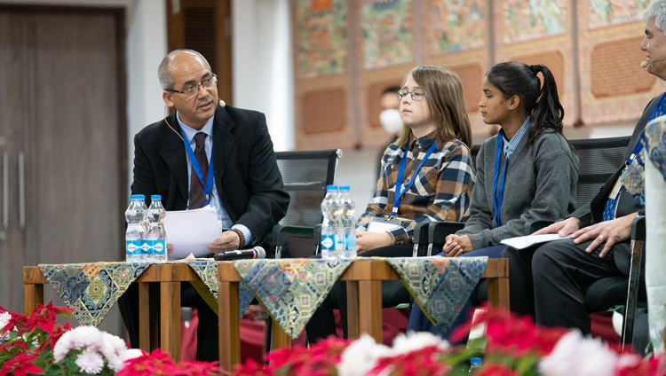 Dr Lobsang Tenzin Negi, Director of the Emory Compassion Center and moderator of the meeting thanking His Holiness the Dalai Lama for attending the inauguration of the SEE Learning Conference at the Dalai Lama Library & Archive in Dharamsala, HP, India on December 9, 2022. Photo by Tenzin Choejor