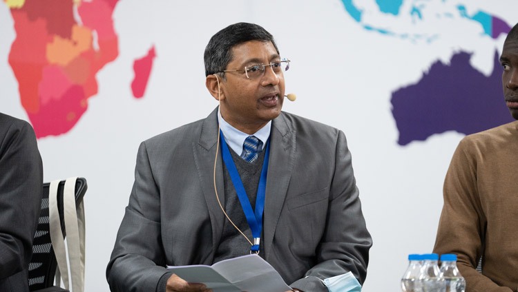 Emory Provost Ravi V. Bellamkonda addressing the audience during the inaugural session of the SEE Learning Conference at the Dalai Lama Library & Archive in Dharamsala, HP, India on December 9, 2022. Photo by Tenzin Choejor