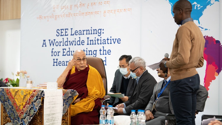 His Holiness the Dalai Lama responding to a question put to him by a student who had taken part in the SEE Learning Curriculum during the inaugural session of the SEE Learning Conference at the Dalai Lama Library & Archive in Dharamsala, HP, India on December 9, 2022. Photo by Tenzin Choejor