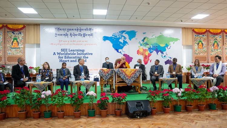 A view of the stage at the inaugural session of the SEE Learning Conference at the Dalai Lama Library & Archive in Dharamsala, HP, India on December 9, 2022. Photo by Tenzin Choejor